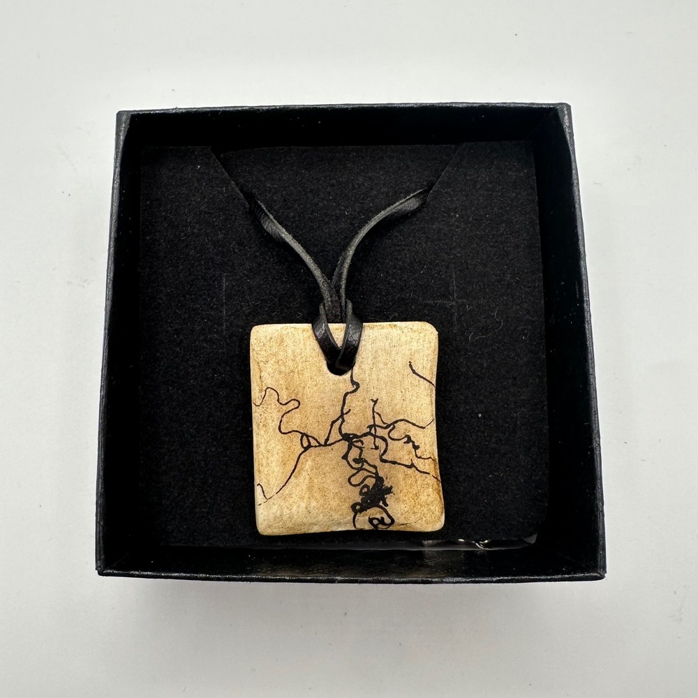 VTG Handmade Wooden Pendant Necklace Square Abstract Line Art Boho Tribal Native